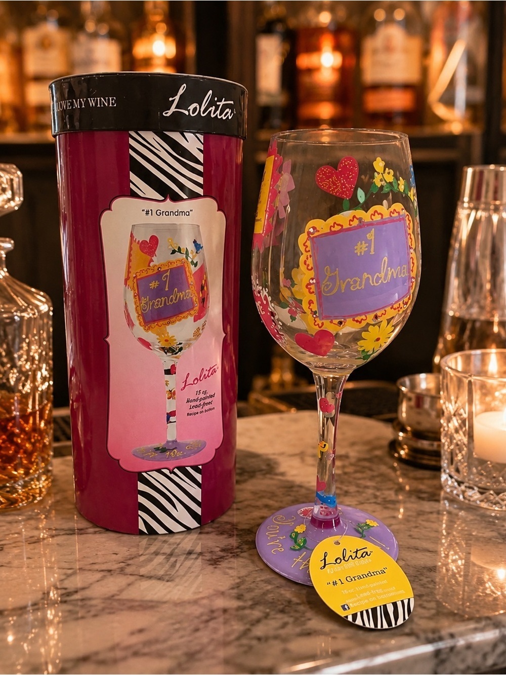 Lolita #1 Grandma Wine Glass 15oz Hand Painted NIB Collectible